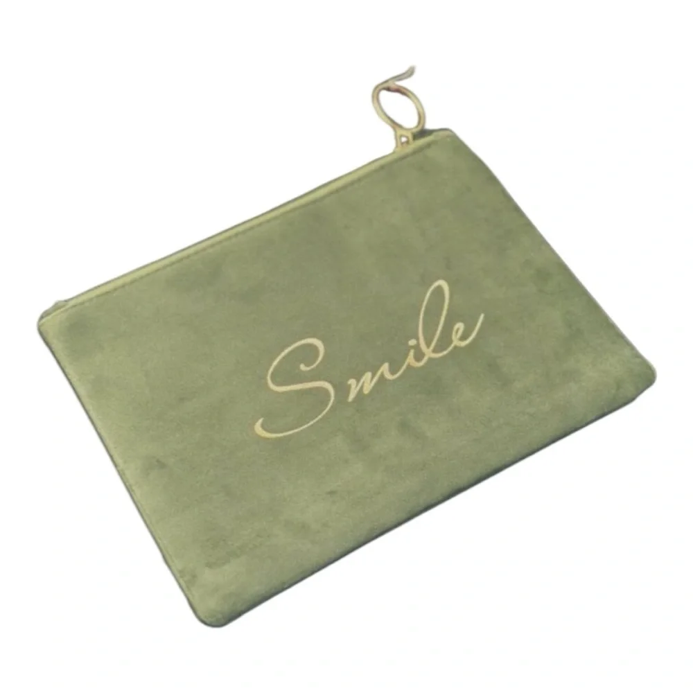 Anthropologie Green Velvet Smile Pouch Wristlet Clutch Bag NWOT